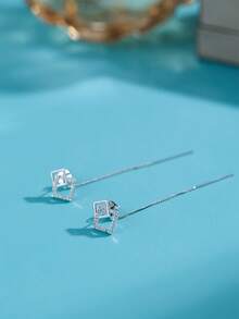 1对银色几何水钻耳环，简约长流苏耳环，独特设计配饰 - 銀色 - 查看 5