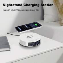 2-In-1 Wireless Charger With Time Display And Alarm Clock Function, Suitable For Bedroom Or Desk, Charging Base Compatible With IPhone 17/16/15/14/13/12/11 Pro Max/Mini/Plus/XR/XS/X/8, Compatible With AirPods 2/3/4/Pro/Pro 2, Compatible With Samsung S25/S23/S22/S21/S20, Galaxy Buds - White - View 6