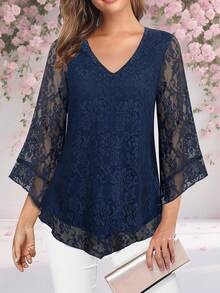 Áo kiểu nữ thanh lịch cổ chữ V hai lớp, chất liệu lưới co giãn, dáng suông, có bèo nhún, tay lỡ 3/4 kiểu chuông và thắt eo, thích hợp cho kỳ nghỉ xuân. - Màu xanh bụi bặm - Xem 2