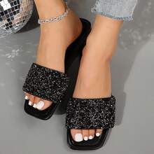 Rhinestones Summer Sandals Women Beach Slippers Casual Fashion Slippers Square Open Toe Flats Slides Shoes Outdoor Walking Travel - 黑色 - 查看 9