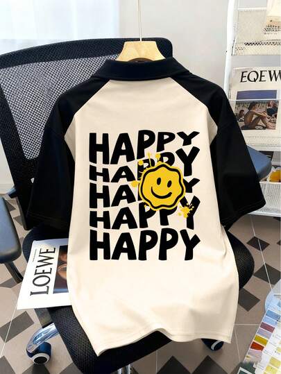 Camiseta polo con cuello con estampado de cara sonriente FELIZ para niño, con mangas raglán de bloques de color, diseño de botón de solapa, cómoda y transpirable, adecuada para uso casual diario en primavera y verano.