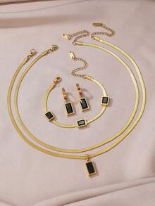 Ensemble de bijoux 4 pièces élégant et à la mode en acier inoxydable plaqué or avec pendentif rectangulaire en zircone verte, collier, bracelet et boucles d'oreilles, convient pour le port quotidien des femmes, les fêtes, les mariages, la fête des enseignants et autres occasions, cadeau de bijoux à la mode - or noir - Voir 8