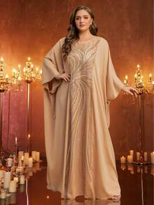 UNITHORSE Plus Women's [Random Cut] Round-Neck Batwing Sleeve Maxi New Luxury High-End Elegant Sequin Lace Patchwork Matte Satin Women's Robe Dress