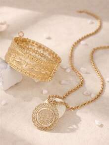 一套宫廷幸运眼和邪眼镂空金属手镯，花朵和奥斯曼图案吊坠项链，适合中东婚礼、派对、节日、圣诞礼物