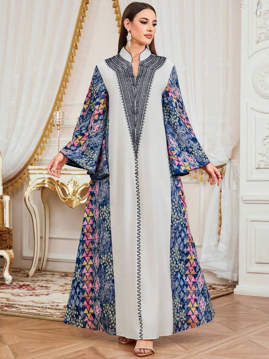 SISKAKIA 新款优雅提花刺绣连衣裙，荷叶袖，梭织面料，长款，适合度假、约会、旅行、春夏穿着。 - 藍色 - 查看 1