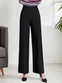 Pantalón de pierna ancha de unicolor para uso diario de mujer - Negro - Ver 1