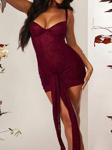 Onicee 夏季连衣裙，酒红色，优雅蕾丝吊带裙，时尚优雅派对礼服，适合情人节、约会、聚会、派对、旅行、度假、海滩等场合。 - 酒紅色 - 查看 3