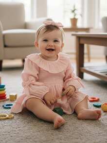 1M-18M Baby Girl Fall Outfits Decorative Bow Ruffled Trim Solid Color Long Sleeve Romper Dress And Bow Headband 2 Pcs Set - 粉色 - 查看 4