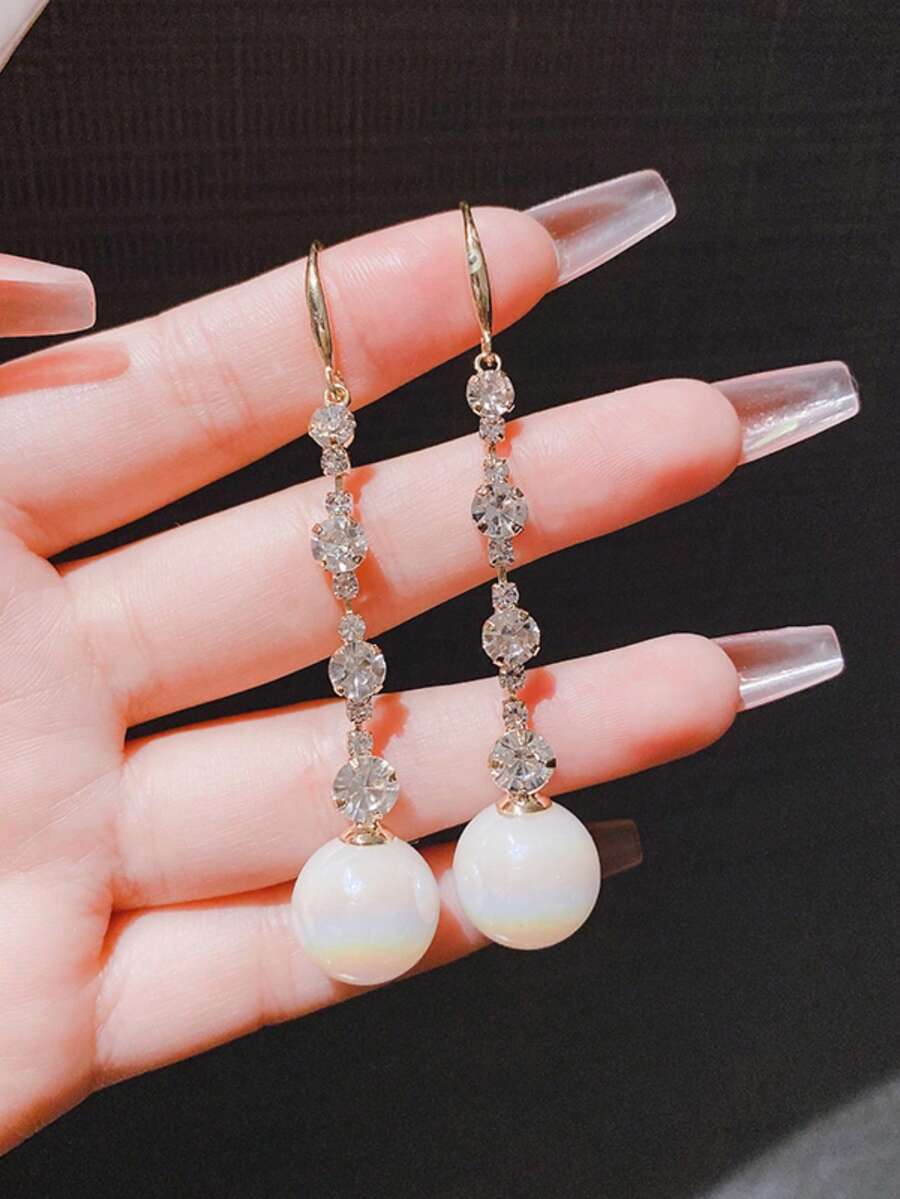 1 par de elegantes y lujosos pendientes de borla larga con circonita, estilo francés, versátiles pendientes de perla falsa únicos para mujeres