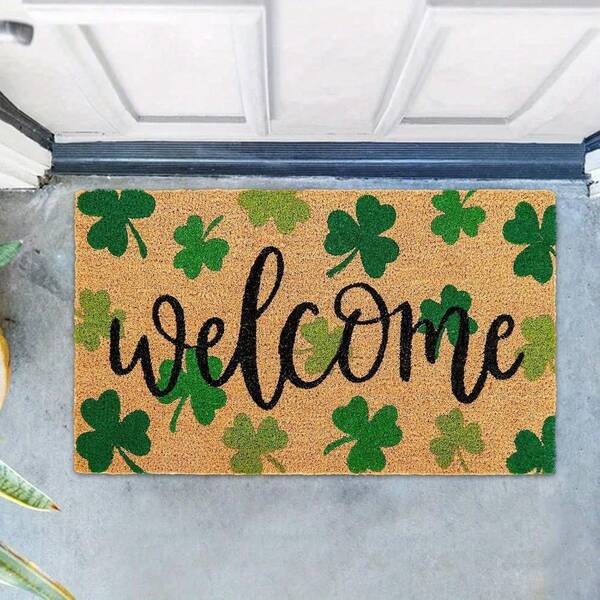 St. Patrick'S Day Natural Door Mat Gradient Green Shamrock Pattern Welcome Mat Non-Slip Lucky Clover Entrance Door Rugs For Indoor Outdoor Home Bathroom Decor