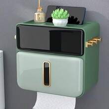 1个大容量壁挂式纸巾架，带抽屉，自粘双层塑料纸巾收纳盒，带挂钩，无需钻孔，可悬挂于淋浴房，多功能无缝壁挂式纸巾架，适用于浴室、厨房纸巾收纳、浴室配件、浴室工具 - 彩色 - 查看 9