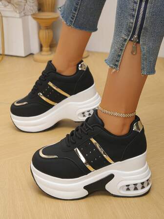 Zapatillas con plataforma para mujer, color negro, ligeras, versátiles con cordones, zapatos casuales adecuados para primavera y otoño