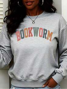 Trenfashion Women's Heather Grey Oversized Crewneck Sweatshirt With 'Bookworm' Retro Color Block Arc Print, Bookish Aesthetic Casual Pullover For Women Crewneck Sweatshirt Bookworm Colorful Text Print Casual Wear For Reading Lovers And Book Enthusiasts Unisex Plus Size Sweatshirts - 灰色 - 查看 7