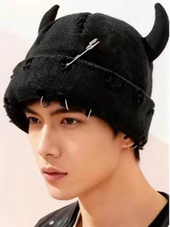 新款时尚男女通用针织帽，独特牛角装饰，做旧复古设计，街头风，假日保暖，男女皆宜