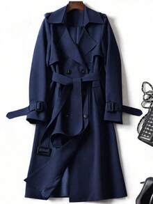 女士百搭优雅秋冬风衣，时尚通勤休闲长款风衣，英伦风中长款外套 - 藏蓝色 - 查看 3