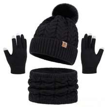 Set de 3 piezas de gorro de punto, bufanda y guantes con pantalla táctil para mujer en invierno, de doble capa y tejido con textura con decoración de pompón, adecuado para esquiar, viajar, conducir, citas, regalos y uso diario en invierno, regalo de San Valentín - Multicolor - Ver 4