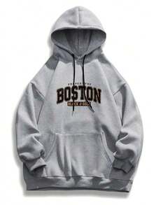 Sudadera con Capucha de Talla Grande para Hombre - Estilo Boston, Ajuste Holgado con Letras Rojas 'Boston' y Logotipo Impreso,  Casual Tipo Pullover Con Cremallera Para Fanáticos De Nueva Inglaterra (), PLUS SIZE - Gris - Ver 3