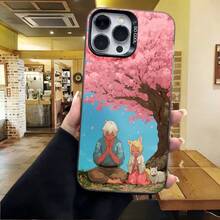 Cubierta de telefono con diseño de flores de cerezo y personajes anime rosa para iPhone 14 Pro Max funda protectora con ilustracion de pareja bajo arbol en flor ideal para uso diario en cafeterias y salas de estar - Negro - Ver 4