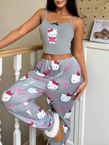 Sanrio 2pcs Hello Kitty Print Women's Camisole Crop Top + Elastic Waist Straight Pants Cute Pajama Set