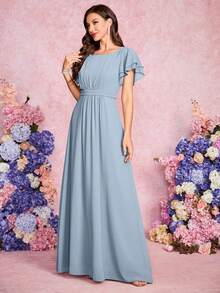 Volly Toych 优雅高贵的浅蓝色雪纺伴娘礼服，采用垂褶荷叶边下摆、短袖和圆领设计，适合特殊场合。 - 霧霾藍 - 查看 6