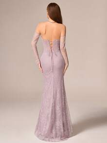 VIPGIRL Luxury Elegant Women's Long Lace Dress, Strapless Off Shoulder With Ruffles Slim Fit For Evening Party, Valentine's Day Wedding Spring - Dusty Pink - View 2