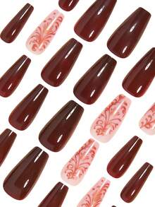 用24片棺材形方形按压式美甲片表达你的爱意，迷人的复古条纹红色美甲，时尚花卉条纹酒红色假指甲，全覆盖式假指甲贴片，适合女性和女孩。包含1张粘合贴片和1个迷你锉刀条果冻凝胶，随机发货。 - 紅色 - 查看 3