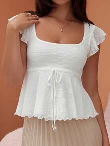 Women's Solid Color Cropped Square Neck Top With Bow Tie, Ruffle Cuffs, Flared Hem, And Slim Fit, Y2K Cute Style And French Elegant Style, Simple Versatile Design, Perfect For Everyday Outings, Street Style Photos, City Walks, Cafe Dates, Concerts, And Valentine's Day Outfits - 白色 - 查看 5