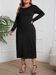 Đầm dài màu trơn thanh lịch cỡ lớn dành cho nữ, thích hợp cho các dịp dạ hội trang trọng, màu đen thu xuân. - màu đen - Xem 3