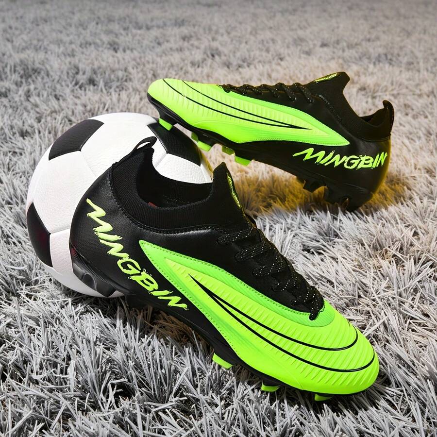 1 Pair Adult Student Unisex High-Top Outdoor Soccer Cleats, Professional Sports Shoes For Team Competition, Large Size Non-Slip Durable AG/FG Spikes For Natural Grass, Soft Ground, Leather Football Training Shoes With Laces, Lightweight High-Performance Anti-Slip Design, Top-Grade Soccer Boots, Factory Direct - Black and Green - View 1