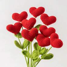 3/5pcs Handmade Crochet Heart Bouquet - Red Yarn Love Flowers With Green Stems, Perfect For Valentine's Day, Mother's Day, And Special Occasions Gift - Multicolor - View 2