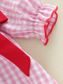 Little Toddler Girls Valentine's Day Dress Long Sleeve Ruffled Round Neck Heart Embroidery Bownot Plaid A-Line Dress - 紅色 - 查看 7