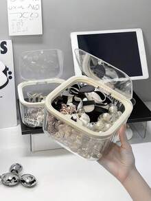 1个透明桌面收纳盒，桌面展示收纳盒，创意按压式开盖设计，适合存放化妆品、文具、玩具、杂物等。