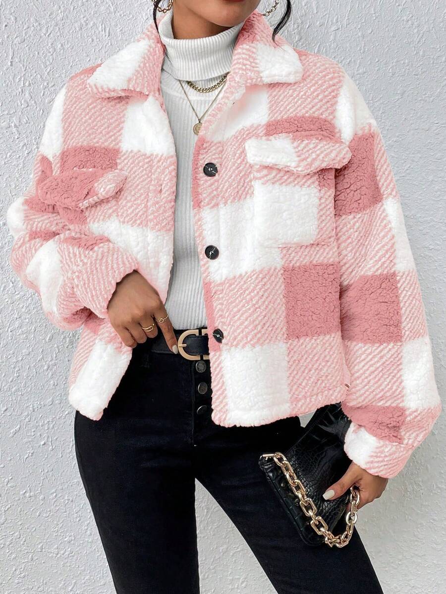 Abrigo de solapa de manga larga con cuadros casuales de felpa para otoño e invierno para mujer,Chaqueta para mujer,Chaqueta de cuadros para mujer - Rosa - Ver 1