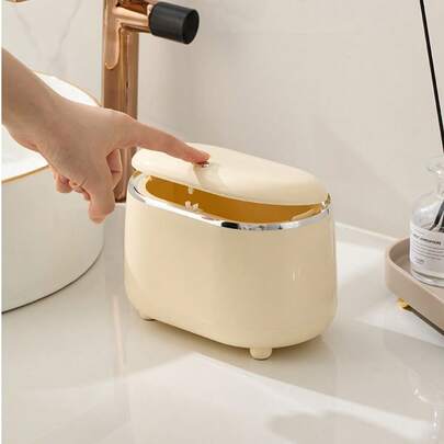One Desktop Trash Can, Mini Small Trash Can With Lid, Toilet Trash Can, Push-Button Coffee Table Top Cute Trash Can, Suitable For Office, Home, Bedroom, Living Room, Kitchen, Bathroom, Home Decor, Room Decoration, Home Storage And Cleaning Products.