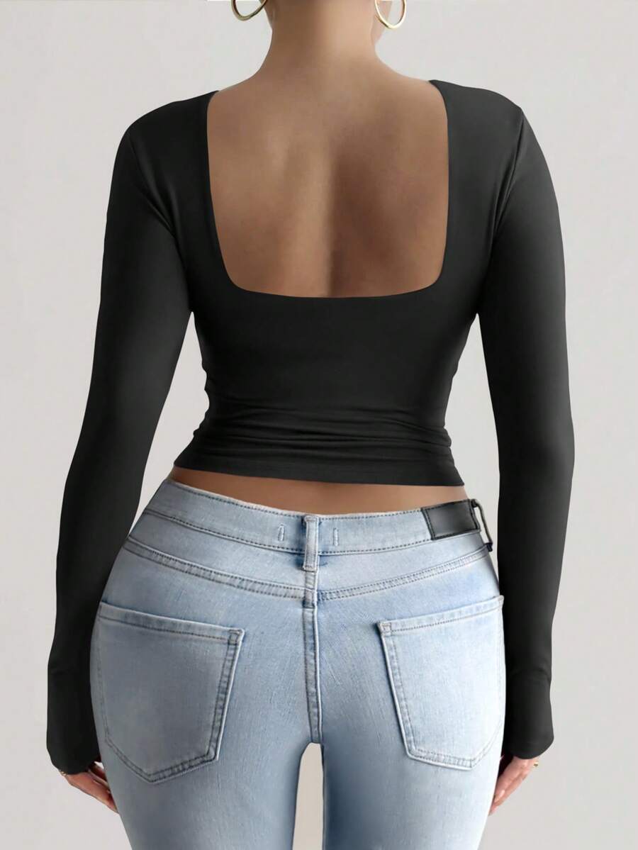 Camiseta deportiva ajustada de manga larga y espalda descubierta para mujer Vaiaye, casual negra para primavera/verano - Negro - Ver 1