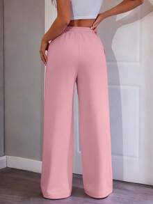 女士直筒休闲运动裤，时尚简约弹力腰带，侧边口袋，轻便透气，适合户外及日常穿着，春夏粉色 - 粉色 - 查看 5