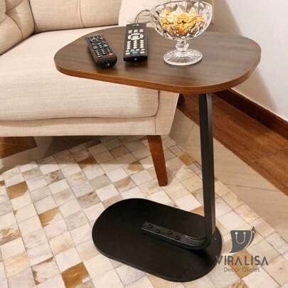 Mesa Lateral Compacta Oval Marrom ou Bege Multiuso