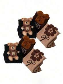 9双随机羽毛图案毛线熊主题中筒绒袜，适合秋冬季节穿着，可爱百搭，可外穿或长筒袜 - 彩色 - 查看 6