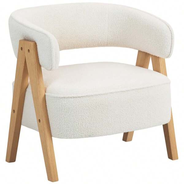 HOMCOM Modern Upholstered Armchair, Fleece Cover, Decorative Chair, Armchair With Wooden Legs, Metal Frame, White
