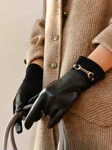 1 Pair Women's Brown Faux Leather Touchscreen Gloves With Thermal Lining, Fashionable Motorcycle Style, Suitable For Outdoor Cycling, Spring/Autumn/Winter - Brown - View 4