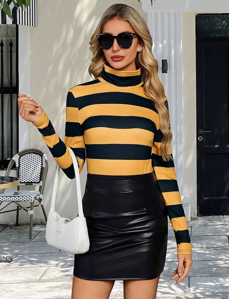 Women's Turtleneck Long Sleeve Layer Tops Basic Cotton Tees Soft Thermal Underwear Blouse, Fashionable 2025 Style D60Q - Sọc vàng - Xem 7
