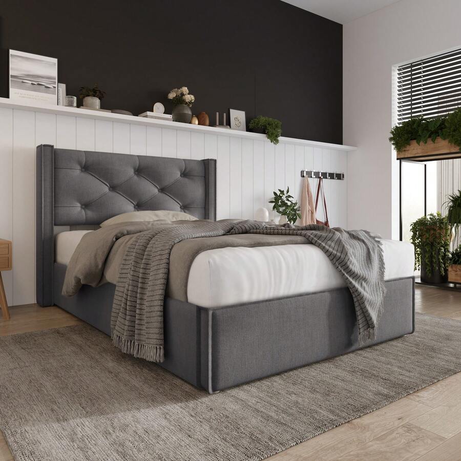 Hydraulic Single Upholstered Bed 90x200cm, Bed With Slatted Base Made Of Metal Frame, Modern Bed Frame With Storage Space, Cotton, Grey - Grey - View 1