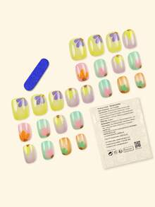 24pcs Fall Press On Nails Short French Nails Y2k Multicolor Nails Oval Glitter Super Glossy Glossy Geometric Stripes Flower Foil Print Round Dot Pattern Simple Reusable Press On Acrylic Nails Fake Nails Supplies Free Of 24 Pieces Of Jelly Tabs And A Mini File - Multicolor - View 3