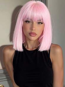 14英寸粉白渐变色合成假发，带刘海，耐热，外观自然，适合女性日常佩戴、派对和角色扮演。（请注意佩戴和保养说明。由于拍摄时的光线和角度原因，实际产品颜色可能与图片略有不同。） - 粉色 - 查看 1