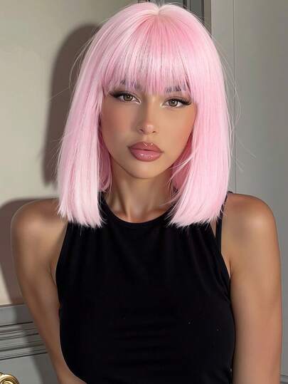 วิกผมบ๊อบสีชมพูไล่สีขาวขนาด 14 นิ้วพร้อมผมหน้าม้า วิกผมสังเคราะห์ทนความร้อน ดูเป็นธรรมชาติสำหรับผู้หญิง ใช้ในชีวิตประจำวัน ปาร์ตี้ และคอสเพลย์ (โปรดใส่ใจกับวิธีการสวมใส่และดูแลรักษา เนื่องจากแสงและมุมในการถ่ายภาพ ผลิตภัณฑ์จริงอาจมีความแตกต่างของสีเล็กน้อยเมื่อเทียบกับรูปภาพ)
