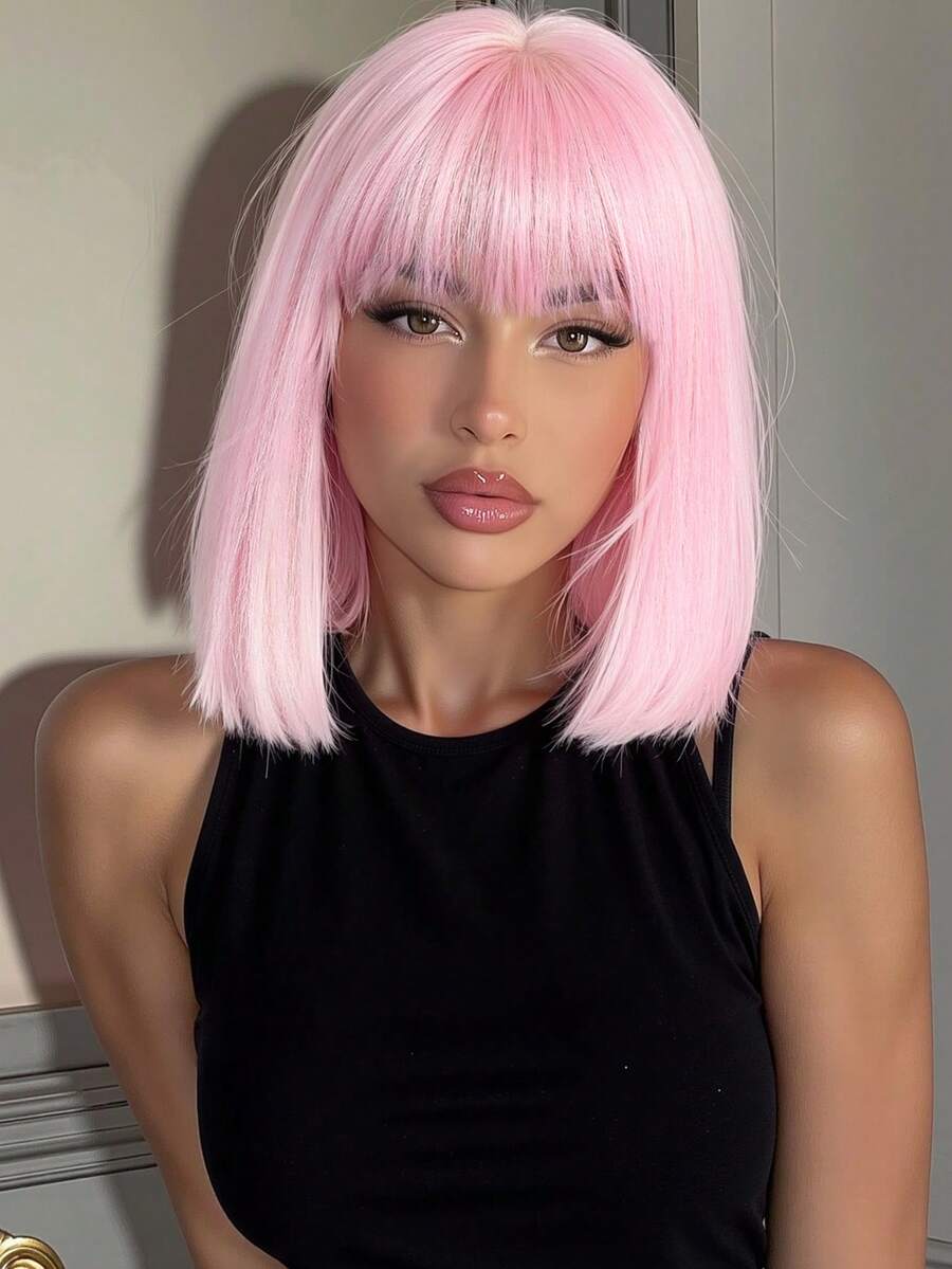 14英寸粉白渐变色合成假发，带刘海，耐热，外观自然，适合女性日常佩戴、派对和角色扮演。（请注意佩戴和保养说明。由于拍摄时的光线和角度原因，实际产品颜色可能与图片略有不同。） - 粉色 - 查看 1