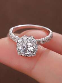 1 pieza Anillo de boda de plata de ley 925 chapado en platino con diamantes cuadrados de lujo engastados, diseño de pavé, versátil para uso diario y ceremonia de boda - Blanco - Ver 2