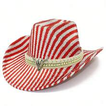 Gorra vaquera estilo western, elegante, a rayas, con toro decorativo y cinturón de ala ancha. Sombrero unisex para actividades al aire libre. - Rojo sandía - Ver 6