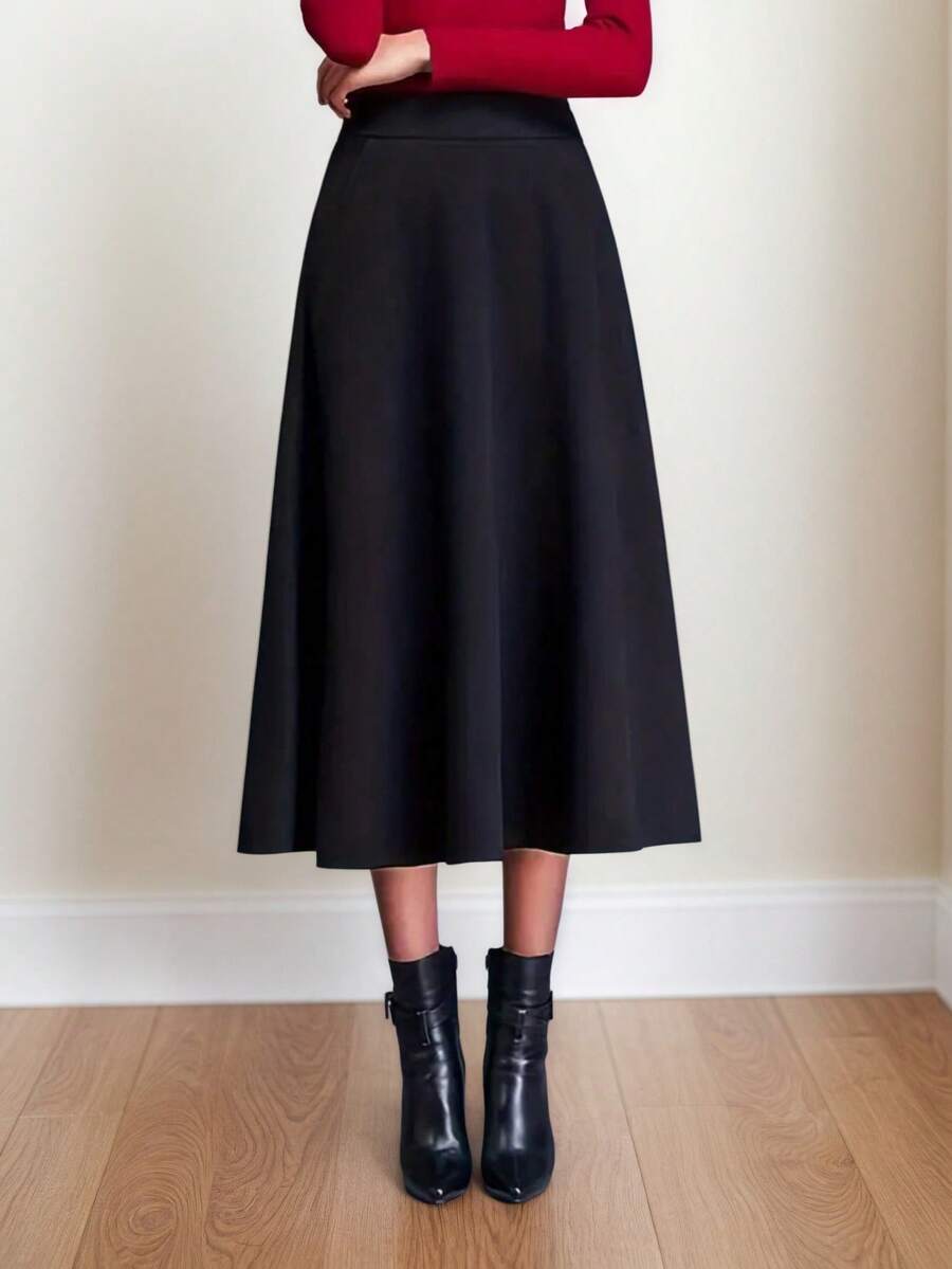 Falda midi elegante y lisa para uso diario para mujeres - Negro - Ver 1