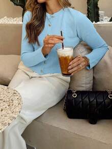 MORI 秋冬新款蓝色圆领纽扣针织毛衣女式户外上衣，时尚简约休闲温柔优雅长袖毛衣秋季女装新年款 - 藍色 - 查看 4